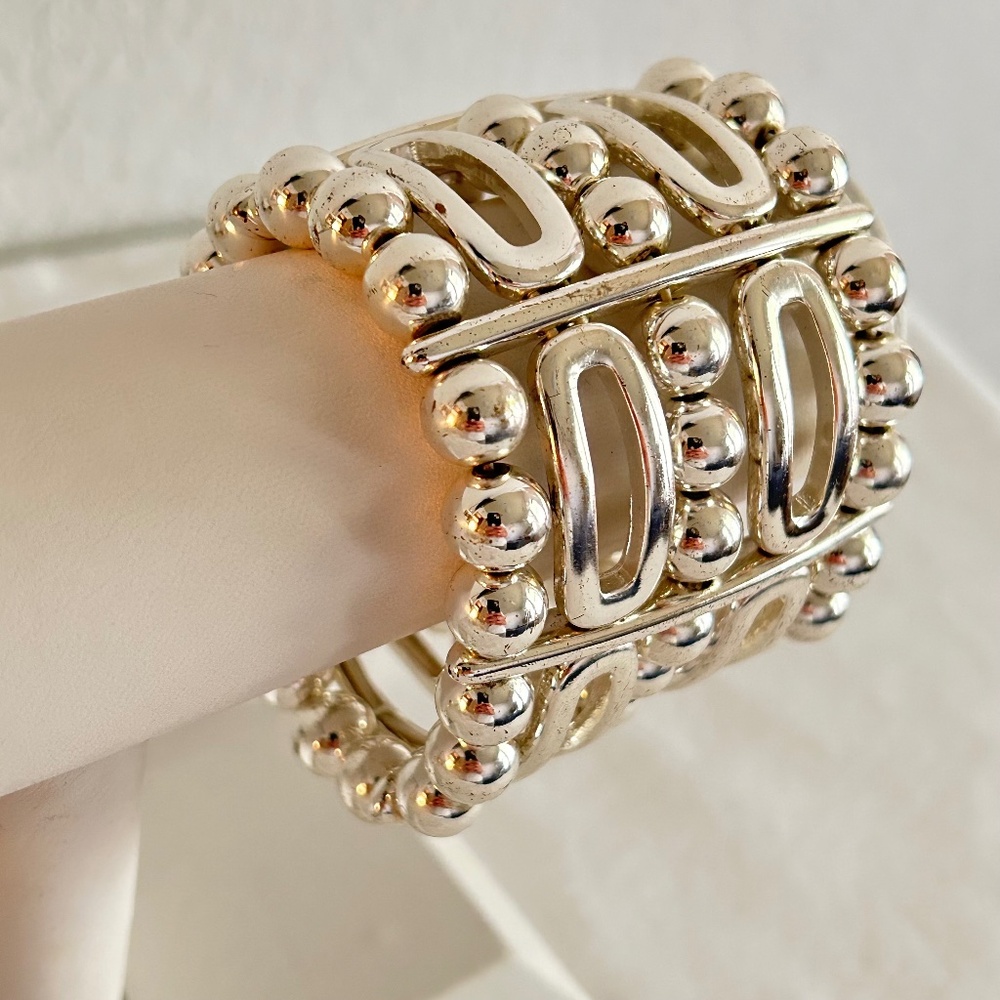 Dana Buchman Silver Tone Beaded Stretch Wide Statement Bracelet